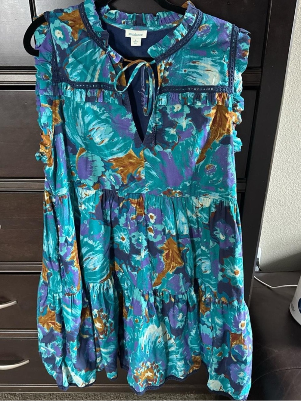 Sundance Seafoam Teal and Purple Floral Tie-Neck Dress